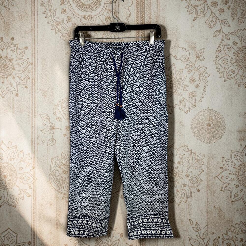 Talbots Women's Medium Dark Blue & White 100% Cotton Pull On Boho Cropped Pants